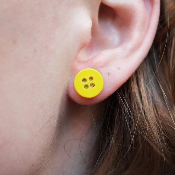 Small Yellow Button Study Earrings - Picture 5 of 6